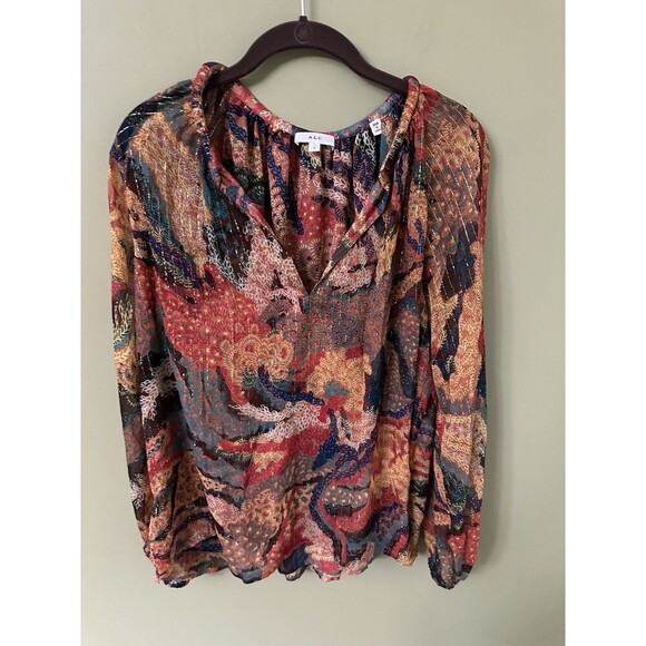 $326 A.L.C. Women Brown Dana Metallic Stripe Long Sleeve Silk Blouse Top Size 4 - Picture 1 of 11